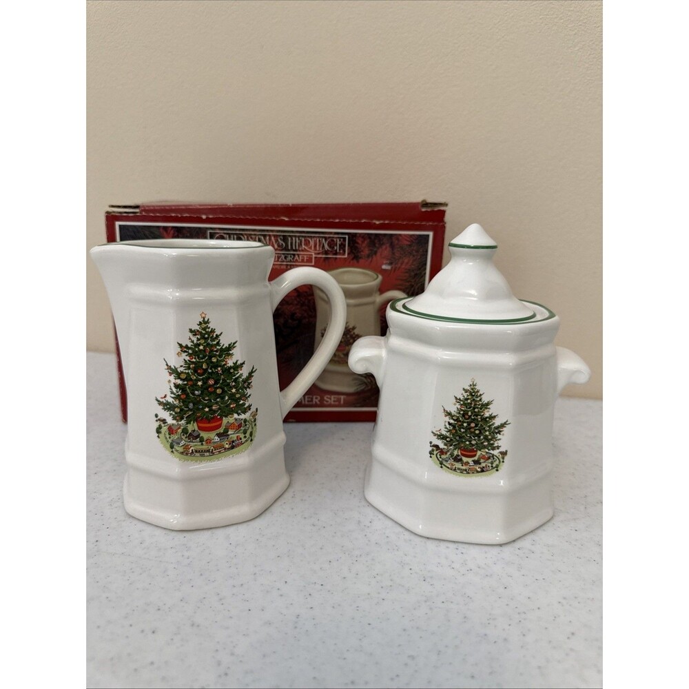 Pfaltzgraff CHRISTMAS HERITAGE Creamer and Sugar Bowl with Lid Tree With Box